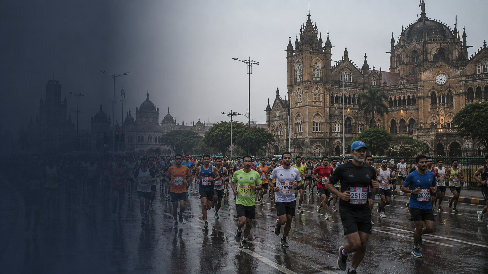 Crowd of runners approaching the finish line at a SportzLive marathon